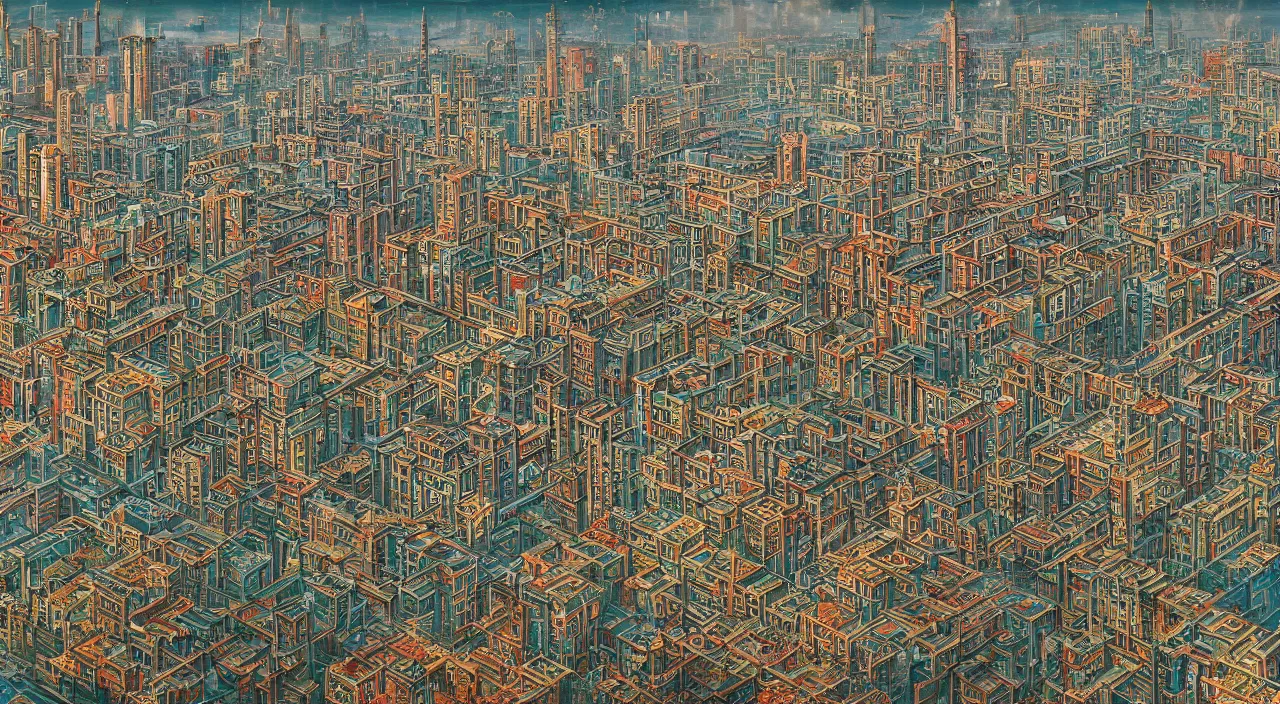 Image similar to a Stunning 3d painting of A Great atompunk city on the sea,Retro colour,hyper detailed,Kowloon Walled City,8K Resolution