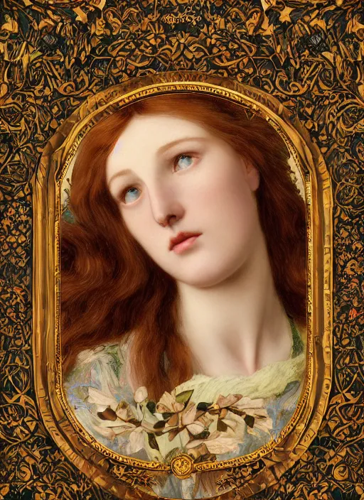 Image similar to masterpiece beautiful seductive flowing curves preraphaelite face portrait photography, extreme close up shot, straight bangs, thick set features, yellow ochre ornate medieval dress, laying amongst foliage mushroom forest circle arch, frederic leighton and kilian eng and rosetti and preraphaelites, william morris, framed, 4 k