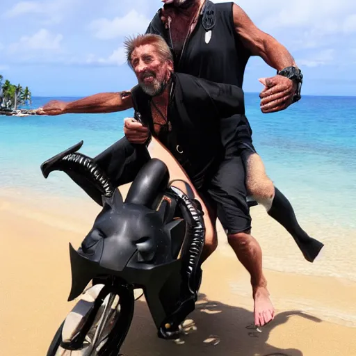 Image similar to john mcafee riding a black panther on a tropical beach