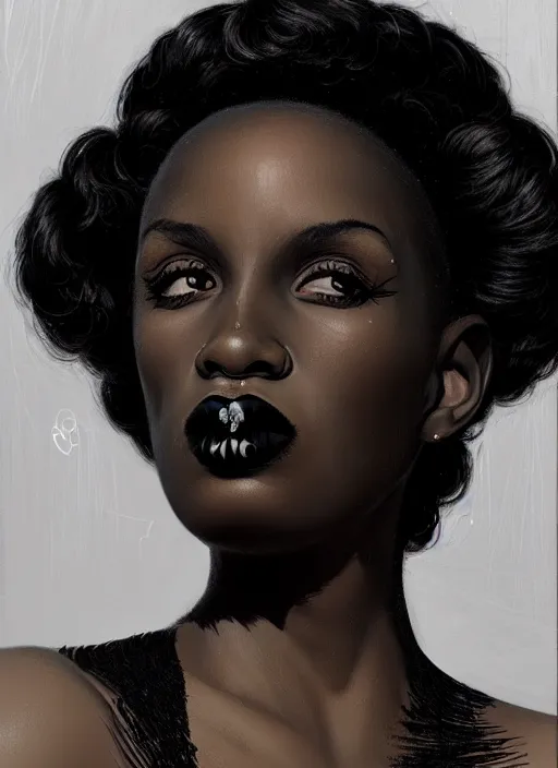 Image similar to portrait of a black woman with a crooked nose and a confident expression, 1 9 6 0 s, black clothes, goth, punk, funk, intricate, elegant, highly detailed, digital painting, artstation, concept art, smooth, sharp focus, illustration, art by wlop, mars ravelo and greg rutkowski