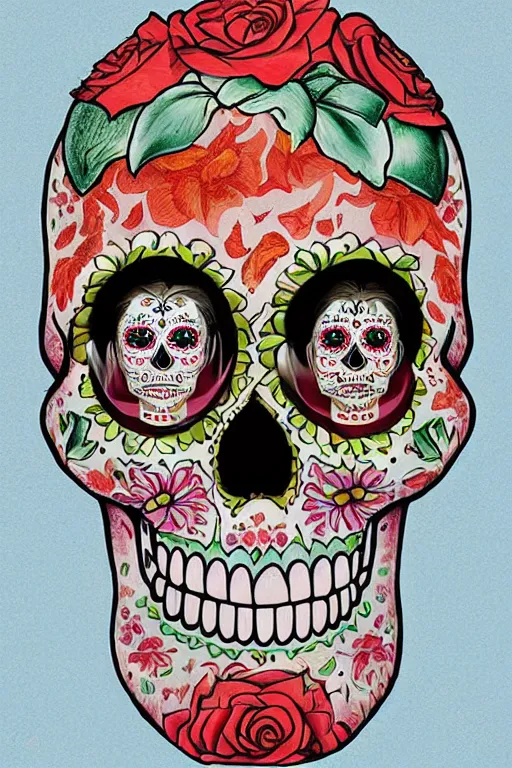 Image similar to illustration of a sugar skull day of the dead girl, art by storm thorgerson