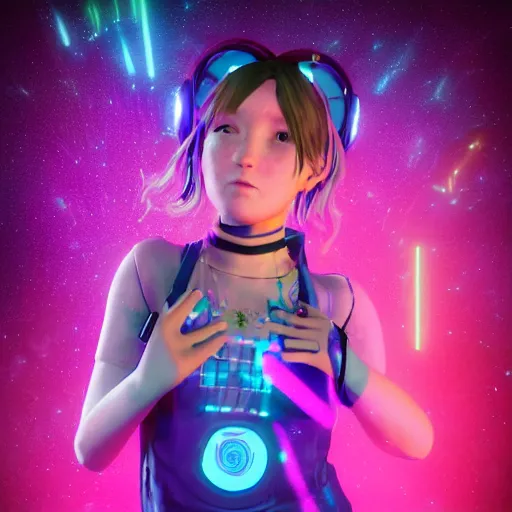 Prompt: 35mm macro shot portrait of an extremely cute and adorable Cyberpunk Prismatic Spectrum Cosmic Magical Girl Ellie (The Last of Us) from the Rainbow Sky Paradise playing Dance Dance Revolution at Eurovision and Tomorrowland, large piercing eyes, smirk, ambient occlusion, DAZ, cinematic lighting, 3D render, unreal engine 5, professional graflex photograph, flat vector art background