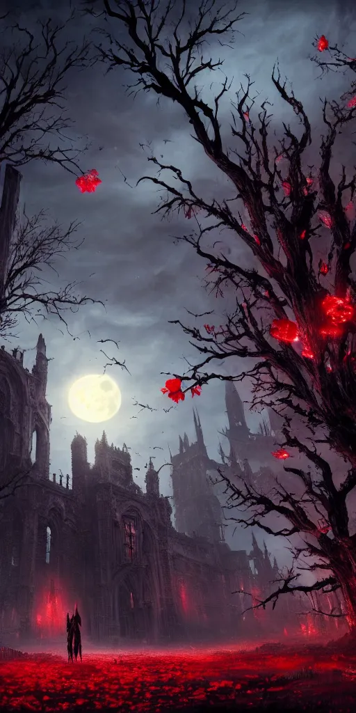 Image similar to abandoned bloodborne old valley with a obscure person at the centre and a ruined gothic city in the background, trees and stars in the background, falling red petals, epic red - orange moonlight, perfect lightning, wallpaper illustration by niko delort and kentaro miura, 4 k, ultra realistic