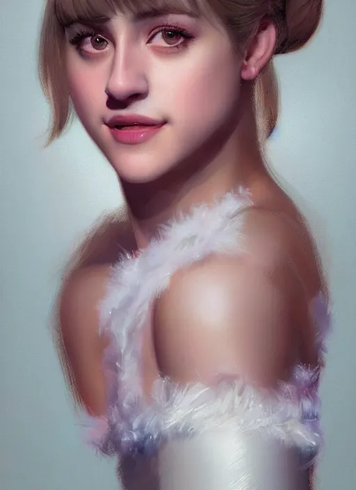 Image similar to portrait of lili reinhart with fluffy bangs, smiling kindly, bangs, 1 9 6 0 s, ponytail, fluffy bangs and ponytail, intricate, elegant, glowing lights, highly detailed, digital painting, artstation, concept art, smooth, sharp focus, illustration, art by wlop, mars ravelo and greg rutkowski