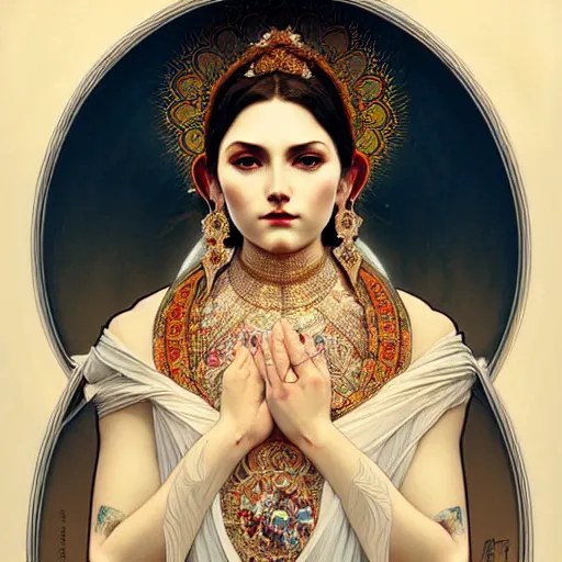 Prompt: intense portrait of the white tara, intricate, elegant, highly detailed, my rendition, digital painting, artstation, concept art, smooth, sharp focus, illustration, art by artgerm and greg rutkowski and alphonse mucha