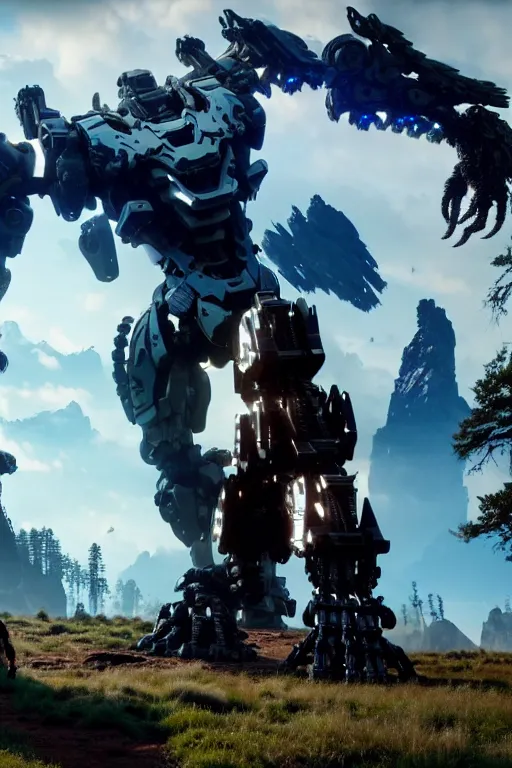 Image similar to a cinematic still from horizon zero dawn and pacific rim and westworld, full body mech, armored core, intact humanoid servo, octane render, nvidia raytracing demo, masterpiece, aged armor plating, decipticon armor plating, aggressive head, endoekeleton exposure