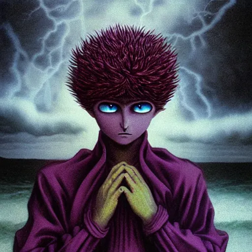 Prompt: evil killua zoldyck made by zdzisław beksinski, thunderstorm, 8 k, detailed, cinematic, rain, crying, purple, rage, revenge, cold scene