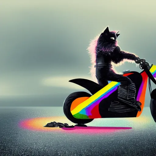 Image similar to wide angle full body, jacket wearing fluffy cute rainbow kitten wearing a black leather motorcycle jacket, riding on a motorcycle, cinematic concept art