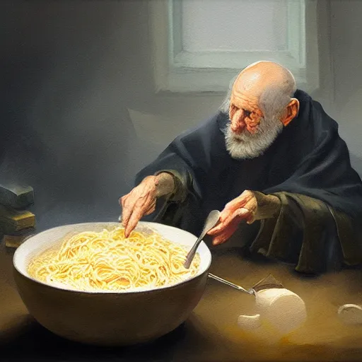 Image similar to painting of a mysterious old wizard summoning a bowl of pasta, atmospheric, oil painting, concept art, highly detailed