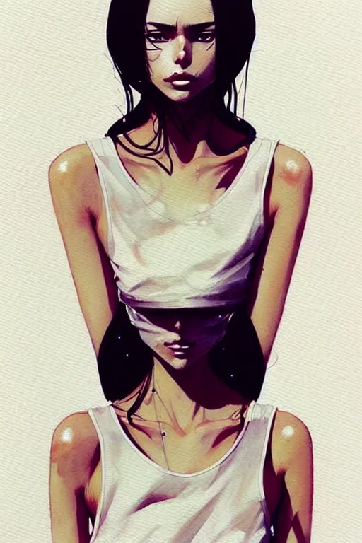 Image similar to a ultradetailed beautiful painting of a stylish woman with a white tank top, by conrad roset, greg rutkowski and makoto shinkai trending on artstation