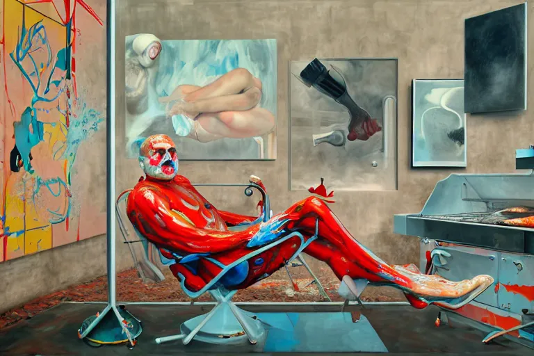 Prompt: portrait of a morphed gamer sitting in a chair at a bbq grill tending to meat, art by james jean and luc tuymans and vincent lefevre and hernan bas and pat steir and hilma af klint, psychological, dripping paint, high quality render, cg society contest winner, retrofuturism, masterpiece