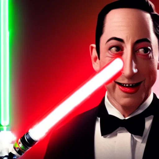 Image similar to Pee-Wee Herman wielding a red lightsaber 4K hdr