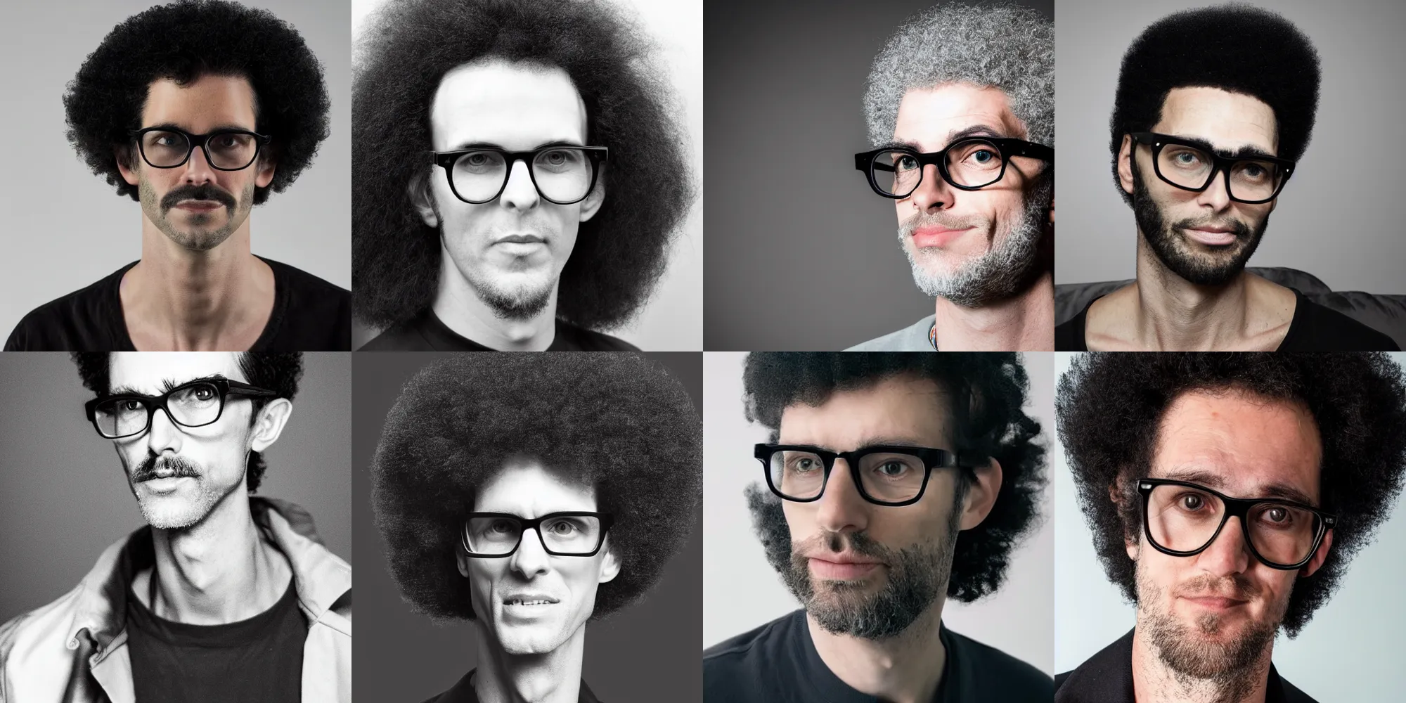 Prompt: A highly detailed photograph of a tall skinny white man with a black afro and stubble, wearing black glasses