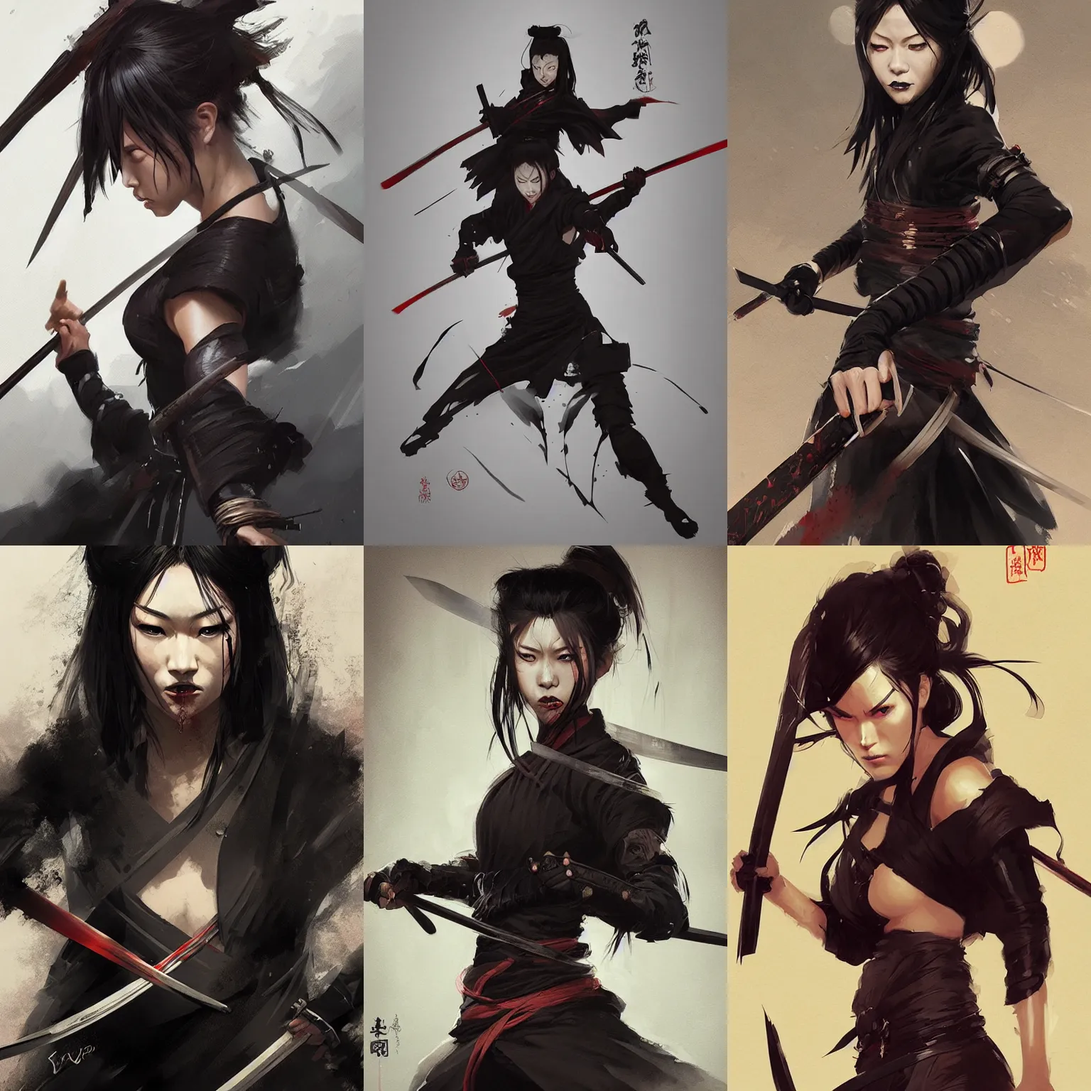 Prompt: samurai woman in black, fierce expression, bloodthirsty, katana, dynamic pose, intense, dark, digital illustration, artstation, painted by greg rutkowski, artgerm, guweiz