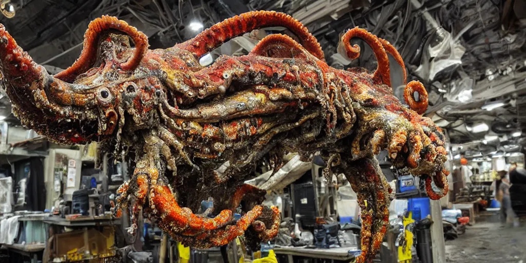 Prompt: low wide angle photo taken of an epic intricate, ultra detailed, super realistic gritty, hero prop, exquisitely painted animatronic movie prop of a wet slimy grotesque nightmarish hellish mutant cephalopod creature displayed in the workshop, created by weta workshop, full body shot, photorealistic, sharp focus