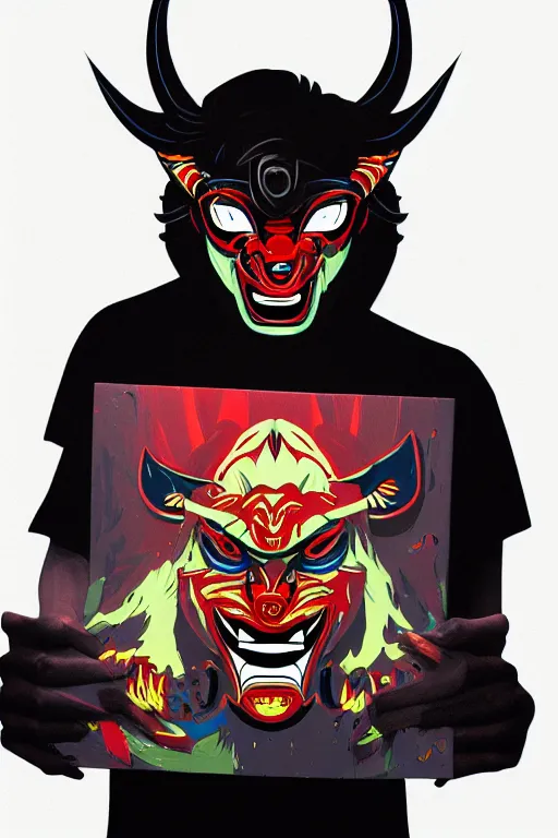 Prompt: guy wearing oni mask and bring skateboard. pop art, no duplicate image, glowing lights, ultra details, digital painting, artstation, concept art, smooth, sharp focus, illustration, intricate details, art by richard hamilton and mimmo rottela, pixels art by kirokaze and paul robertson