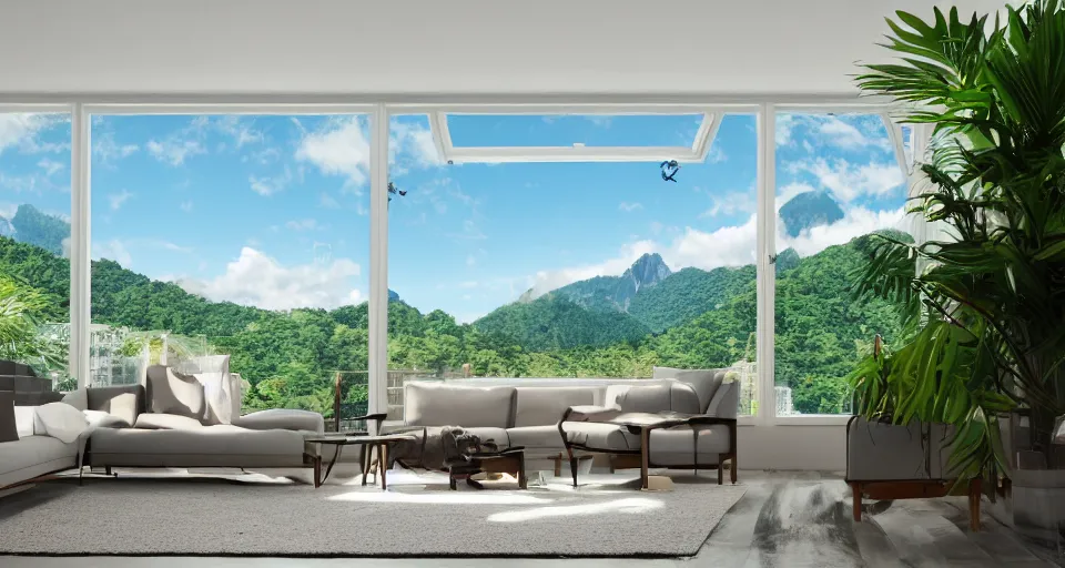 Image similar to looked at big window, architectural, mountains in background, cloud forest in background, tropical, sunny day time, clear sky, living room, furniture, IKEA catalogue, futuristic, ultra realistic, ultra detailed, cinematic light, anamorphic