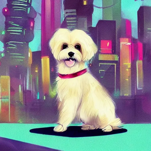 Image similar to cream colored havanese dog dressed as a super hero, tight shot, futuristic city, daytime, bright colors, highly coherent, saga comic, graphic novel, fiona staples