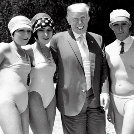 Prompt: donald trump wearing a 1 9 2 0 s style bathing suit