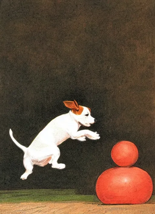 Prompt: jack russel terrier jumping from the ground over a red ball, illustrated by peggy fortnum and beatrix potter and sir john tenniel