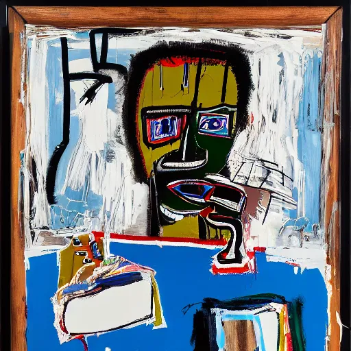 Prompt: Late afternoon in the studio. Sunlight is pouring through the window lighting the face of an angry man drinking from a blue cup of coffee. Detailed and intricate brush strokes, oil paint and spray paint, markers, paper collage, crayon transfer on canvas. Painting by Basquiat, 1984