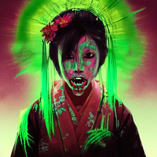 Prompt: clear portrait of japanese zombie geisha with neon green acid leaking from side of her mouth, background hyper detailed, character concept, full body, dynamic pose, glowing lights, intricate, elegant, highly detailed, digital painting, artstation, concept art, smooth, sharp focus, illustration, art by artgerm and greg rutkowski and alphonse mucha