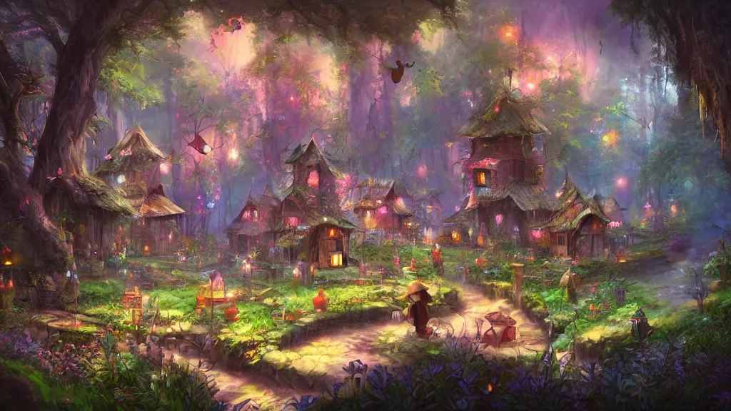 Image similar to a fairy village in a mystical magic forest, cinematic scene, colorful, candy, fantasy, fireflies, studio ghibli, frank frazetta, trending on artstation