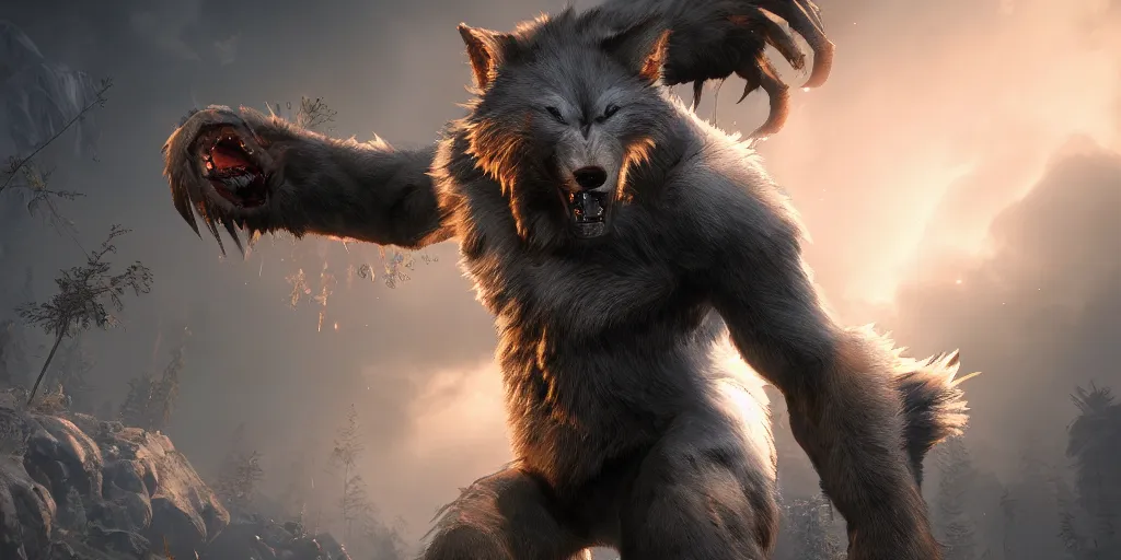 Image similar to 8k ultra realistic werewolf videogame promotional art, full of colour, cinematic lighting, trending on artstation, focused, extreme details, unreal engine 5, cinematic