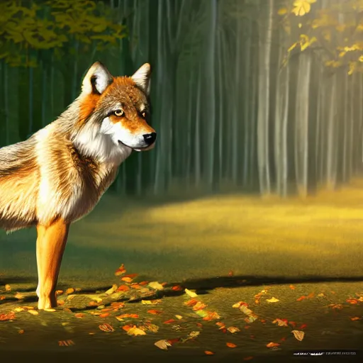 Image similar to professional stylized digital art of a full - body profile of a light brown tibetan wolf, tan accents, fluffy, falling leaves, hd, 8 k, highly detailed, high quality, cute