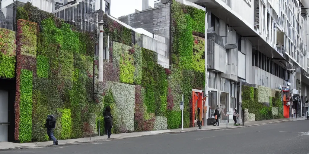 Image similar to a new zealand city street where every building is covered in living walls made of nz native plants