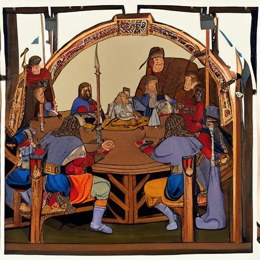 Prompt: painting, king arthur and his round table at camelot, highly detailed.
