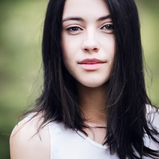 Prompt: young woman with shoulder - length messy black hair, slightly smiling, ef 8 5 mm f 1. 8 usm,