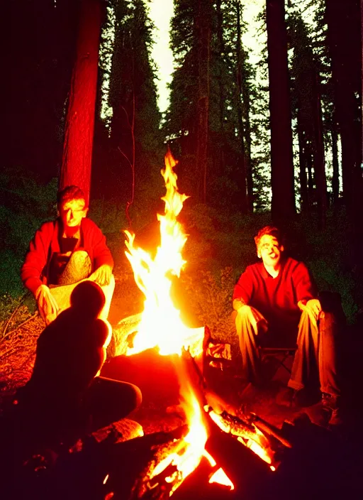 Prompt: portra 4 0 0 film photography, cinematic cannes film festival poster, wide angle lens, 3 friends surrounding a campfire in an opening in the middle of the tall forest, composition by justine kirland, intense shadows cast by campfire,