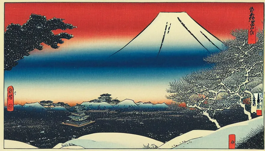 Image similar to snow field scenery at night, snowy and windy, with some tombs on the hill, by hiroshige utakawa, ukiyoe