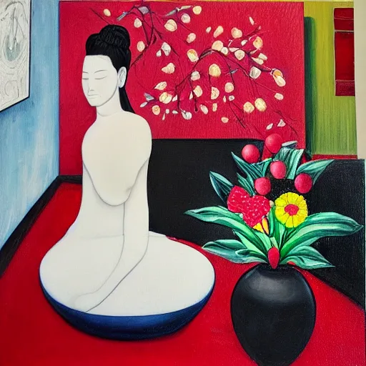 Prompt: “art in an Australian artist’s apartment, portrait of a woman wearing stained white cotton cloth, yin Yang, golf leaf, stained by fresh raspberries and strawberries and blueberries, white wax, edible flowers, Japanese pottery, Australian native white and red flowers ikebana, black walls, acrylic and spray paint and oilstick on canvas”