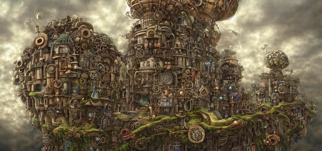 Prompt: a steampunk village built on clouds in the sky, by Naoto Hattori,