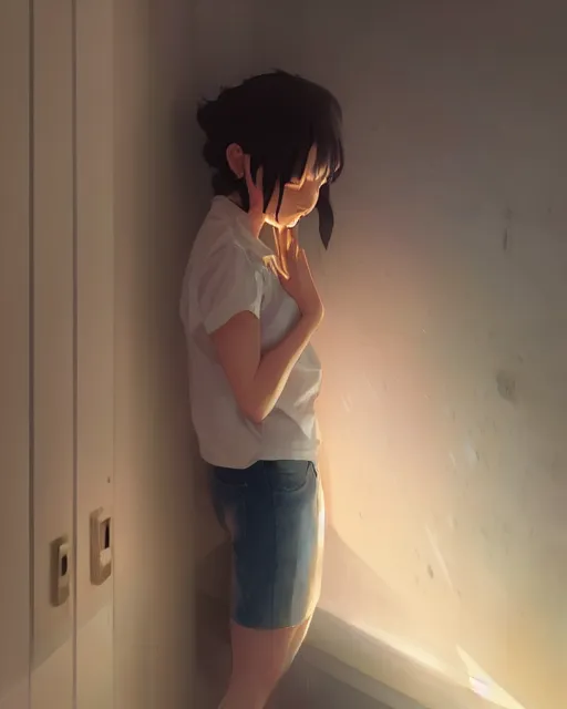 Image similar to a girl crying in the corner of the room, perfect shading, atmospheric lighting, by makoto shinkai, stanley artgerm lau, wlop, rossdraws