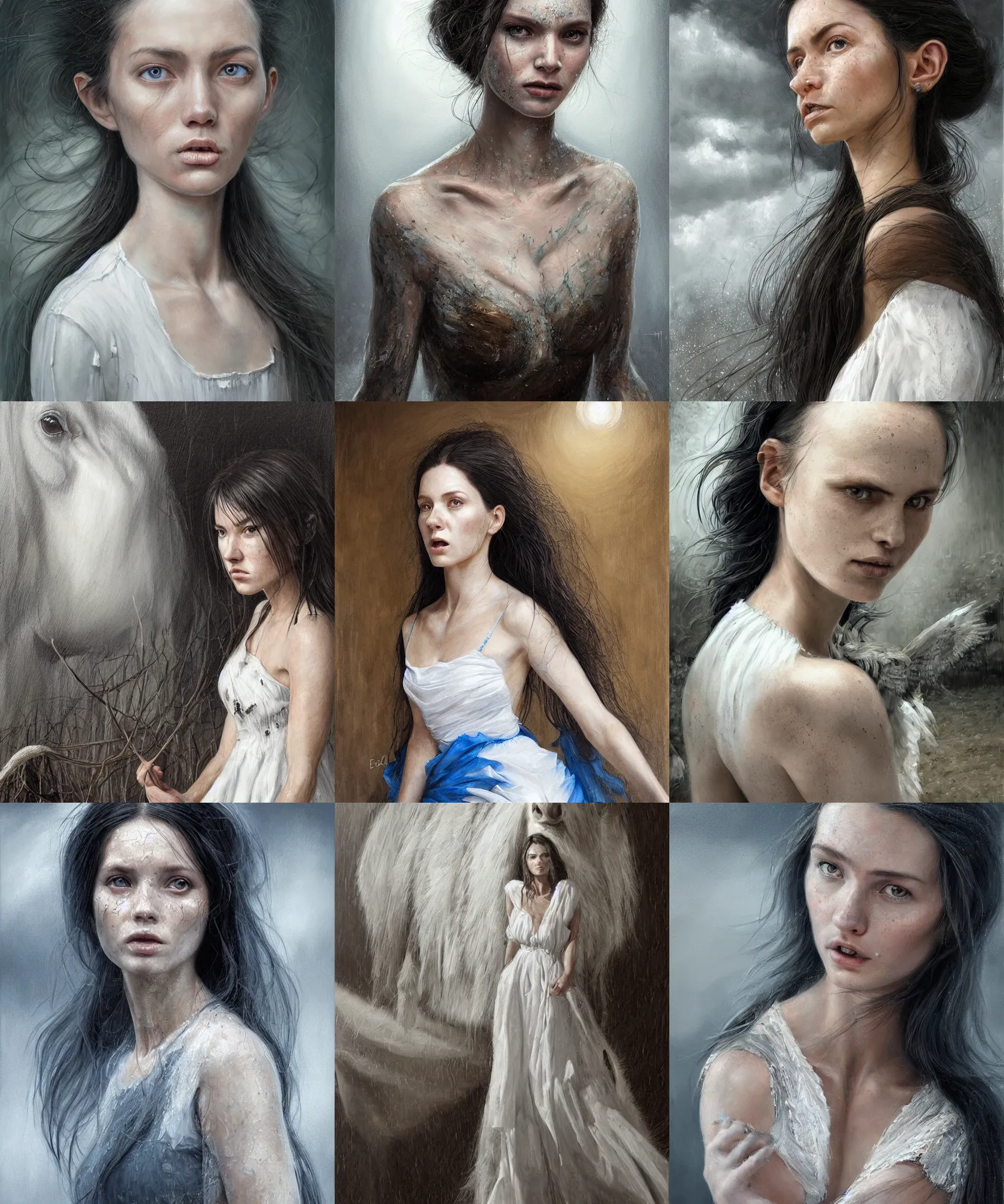 Prompt: Hyper realistic detailed painting of a Paludnitsa! in a barn at noon. Perfect face, beautiful, white dress, menacing, melancholic, long black hair, blue sky, highly detailed, sharp focus, digital painting, art by Eddie Mendoza, detailed and intricate environment, highly detailed, award winning.