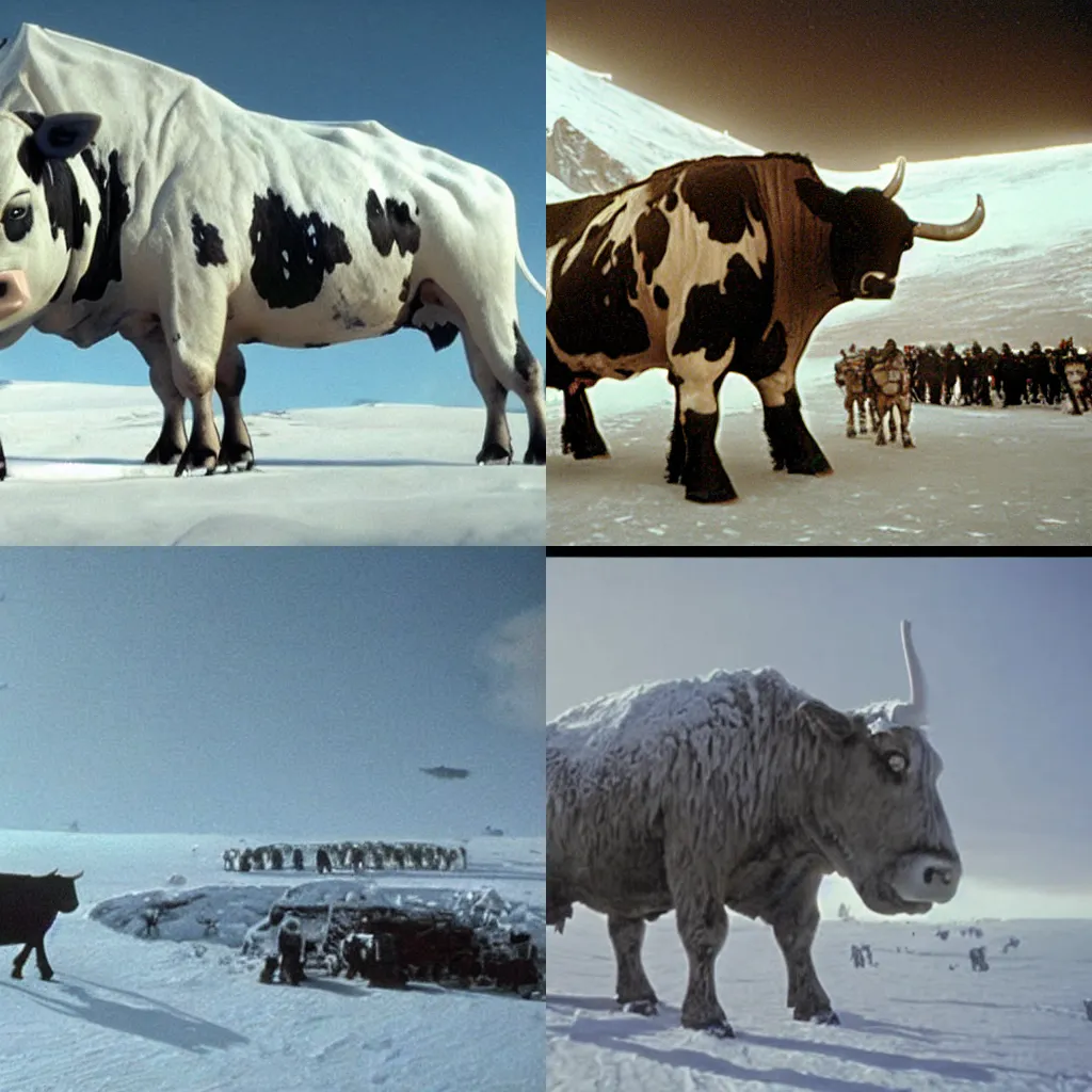 Prompt: a giant cow at the battle of Hoth in the movie Star Wars The Empire Strikes Back