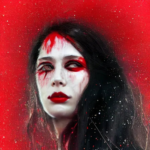 Prompt: masterpiece dynamic portrait of an aesthetic beautiful realistic black haired woman protesting, 3 0 years old woman, mid long hair, black eyed, red peace and love symbol on the cheek, digital painting by zack snyder, atmospheric red effects, sparkles, artstation, deviantart, large view, motion blur, black background