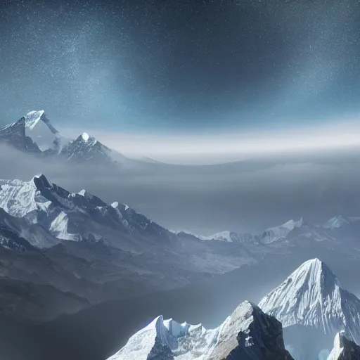 Prompt: a matte painting of an astronaut falling from Mt. Everest into a lake of stars, 4K