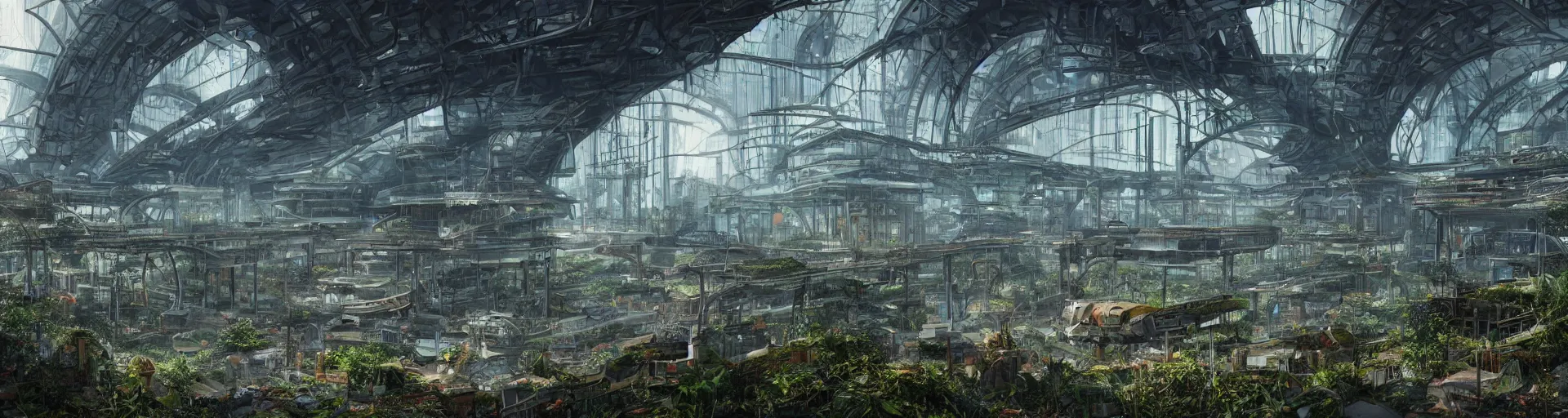 Image similar to lost beautiful overgrown city futuristic fantasy mixed with polluted industrial city airport and train station