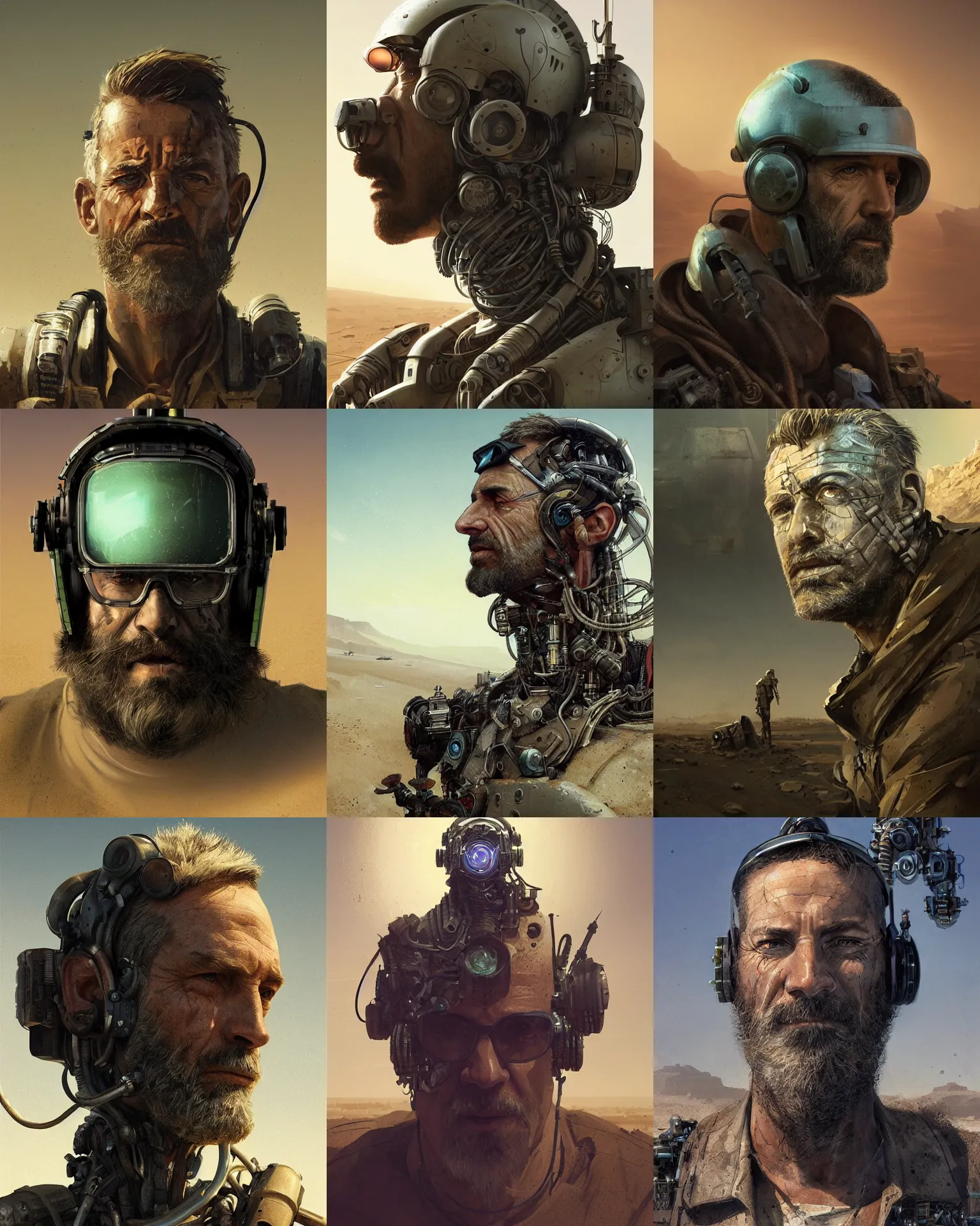 Prompt: a rugged middle aged engineer man with cybernetic enhancements lost in the desert, scifi character portrait by greg rutkowski, esuthio, craig mullins, short beard, funky hair, green eyes, 1 / 4 headshot, cinematic lighting, dystopian scifi gear, gloomy, profile picture, mechanical, half robot, implants, steampunk