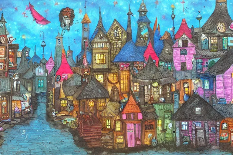 Image similar to a fantasy town, mixed media on canvas, 2 d, whimsical,