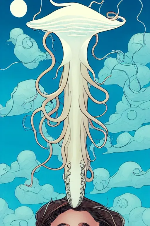 Prompt: comic cover art of a ( very very gigantic squid ) floating in the sky above a metropolitan city, viewed from below, by jenny frison and sana takeda, intricate details, stunning inking lines, flat colors, 4 k, hd, artstation