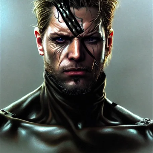 Image similar to portrait of snake from metalgear, dark, piercing eyes, exotic expression, esoteric clothing, photorealistic, highly detailed, mysterious lighting, artstation, smooth, sharp focus, art by michael whelan, artgerm, greg rutkowski and luis royo