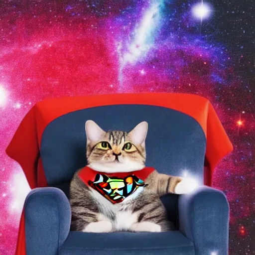 Image similar to a cat wearing superman cape, a red cape floating through galaxies of space on a recliner chair, cosmic rays, dramatic lighting, spirals galaxies