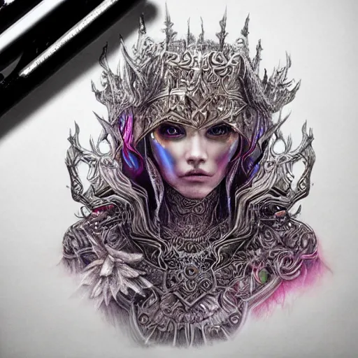 Prompt: hyper realistic pencil drawing of a eldritch queen, intricate detail, beautiful, battle armor, war, fight, light, dragon, colorful by anna dittmann-C 6