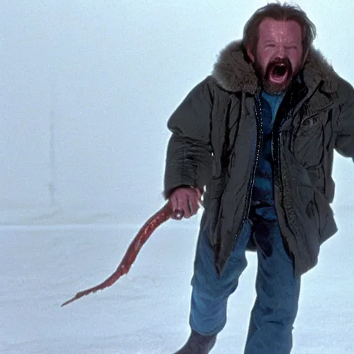 Prompt: movie still from the thing (1982), rendering of harry kane as macready, cinematic, action, full body action shot, john carpenter,