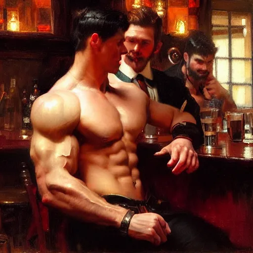 Image similar to attractive muscular male with dark red hair with muscular attractive male with black hair, drinking their hearts out, in a pub. very defined and highly detailed painting by gaston bussiere, j. c. leyendecker, craig mullins 8 k